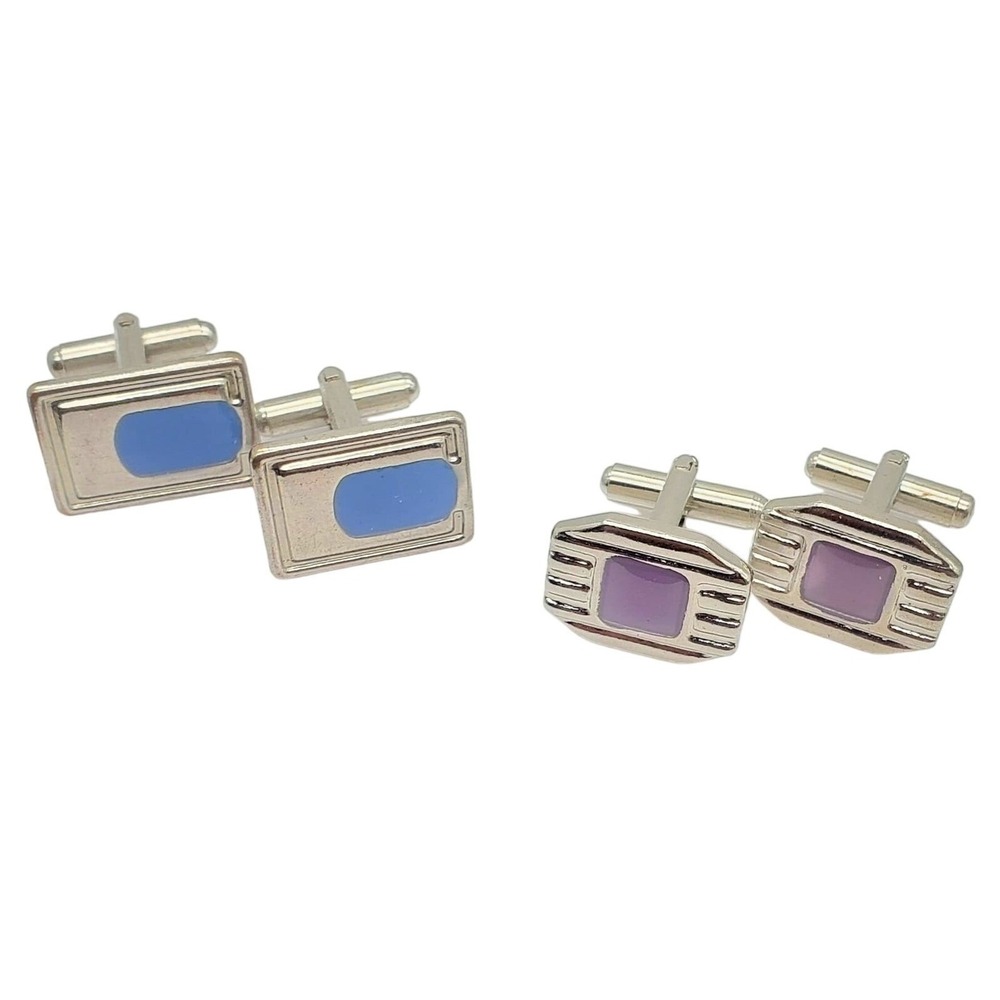 Blue & Purple Enamel Cufflinks Silver Tone Ribbed Suit Accessory Pair Deco Style